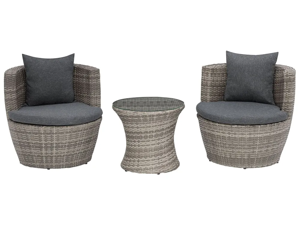 PE Rattan Garden Bistro Set Grey CAPRI con 2 Poltrone e Pouf