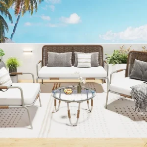 Set Angolare Mobili da giardino polyrattan - 4 posti - 1 divano, 2 poltrone e 1 tavolino - Marrone