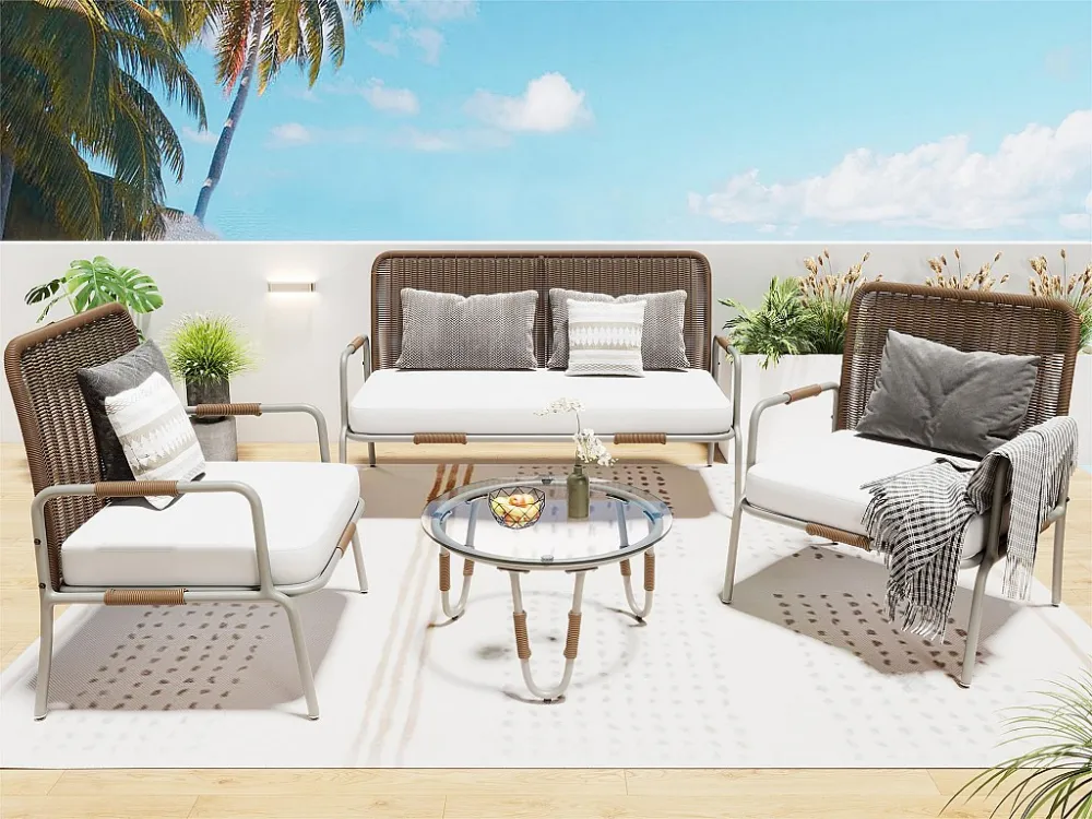 Set Angolare Mobili da giardino polyrattan - 4 posti - 1 divano, 2 poltrone e 1 tavolino - Marrone