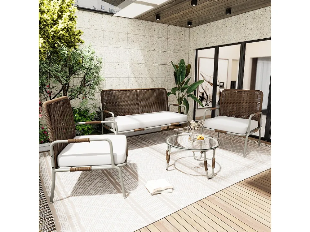 Set Angolare Mobili da giardino polyrattan - 4 posti - 1 divano, 2 poltrone e 1 tavolino - Marrone