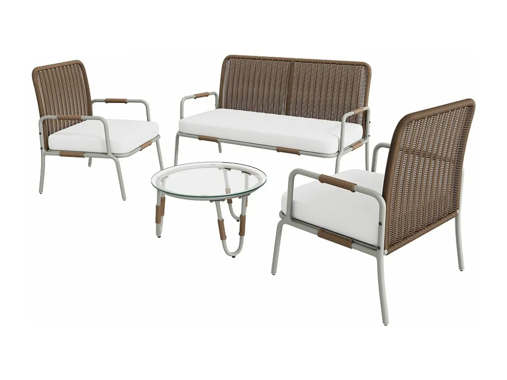 Set Angolare Mobili da giardino polyrattan - 4 posti - 1 divano, 2 poltrone e 1 tavolino - Marrone