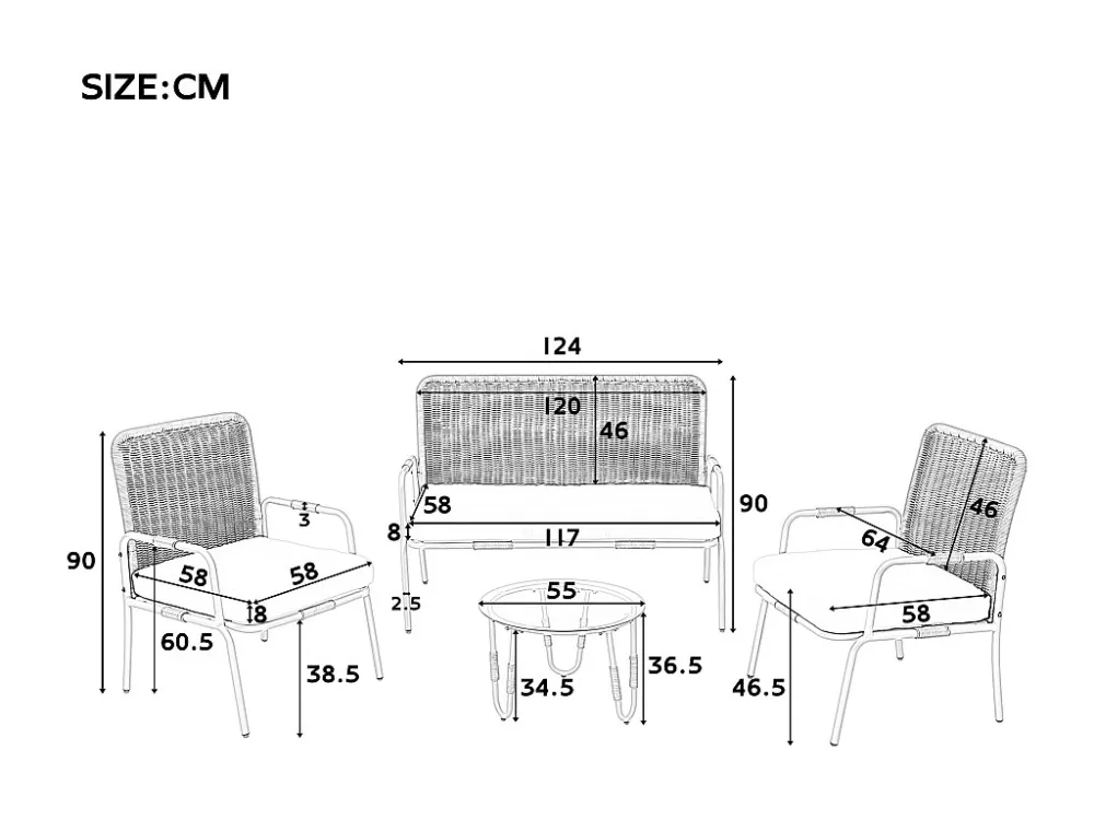 Set Angolare Mobili da giardino polyrattan - 4 posti - 1 divano, 2 poltrone e 1 tavolino - Marrone
