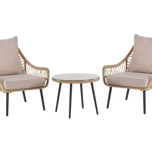Set bistro rattan color naturale e cuscini sabbia LAURETO con 2 Poltrone e Pouf