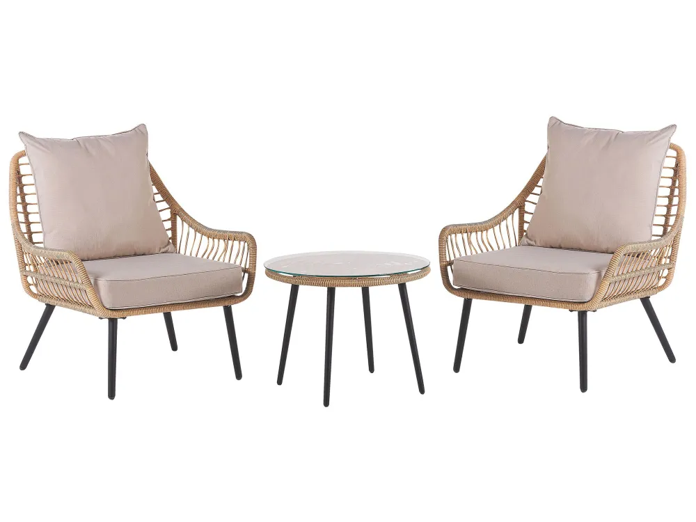 Set bistro rattan color naturale e cuscini sabbia LAURETO con 2 Poltrone e Pouf
