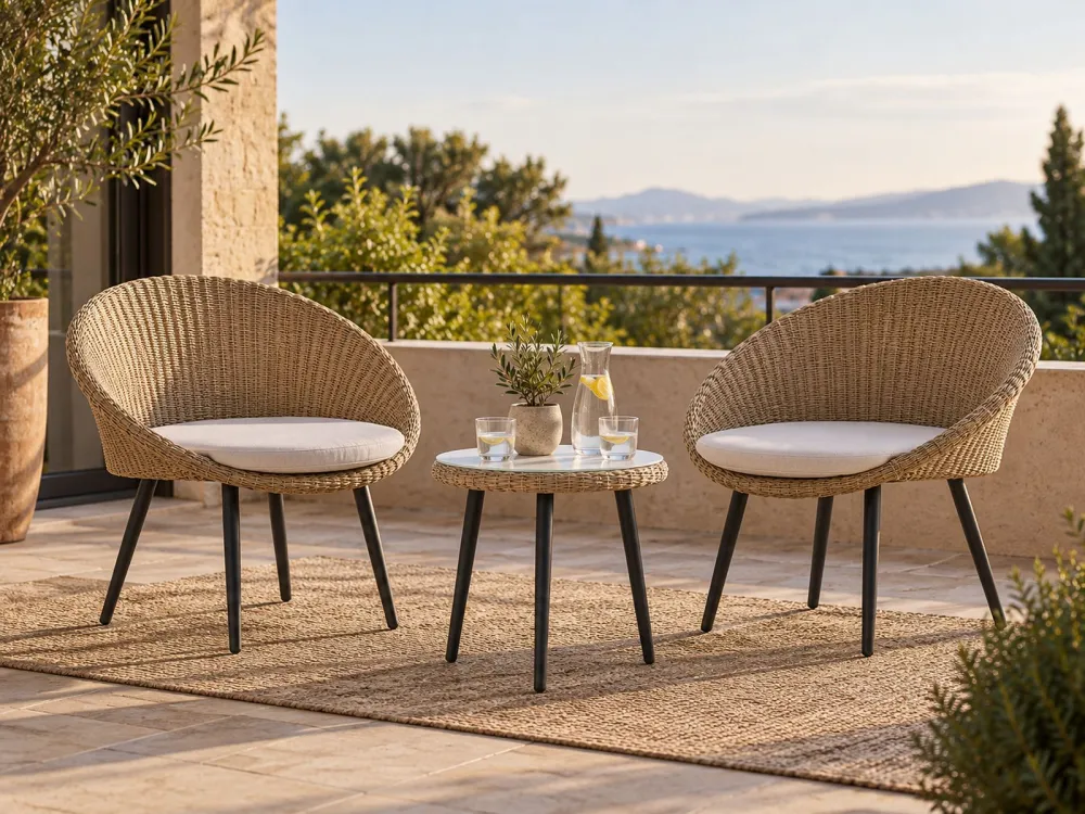Set bistro rattan color naturale ORTIGIA con 2 Poltrone e Pouf