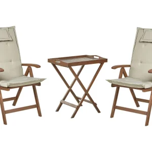 Set bistrot legno di acacia nero con cuscini grigio talpa AMANTEA con 2 Poltrone e Pouf