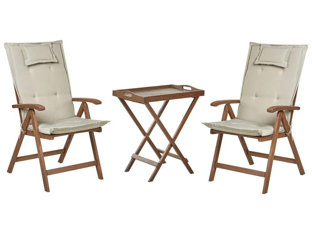 Set bistrot legno di acacia nero con cuscini grigio talpa AMANTEA con 2 Poltrone e Pouf