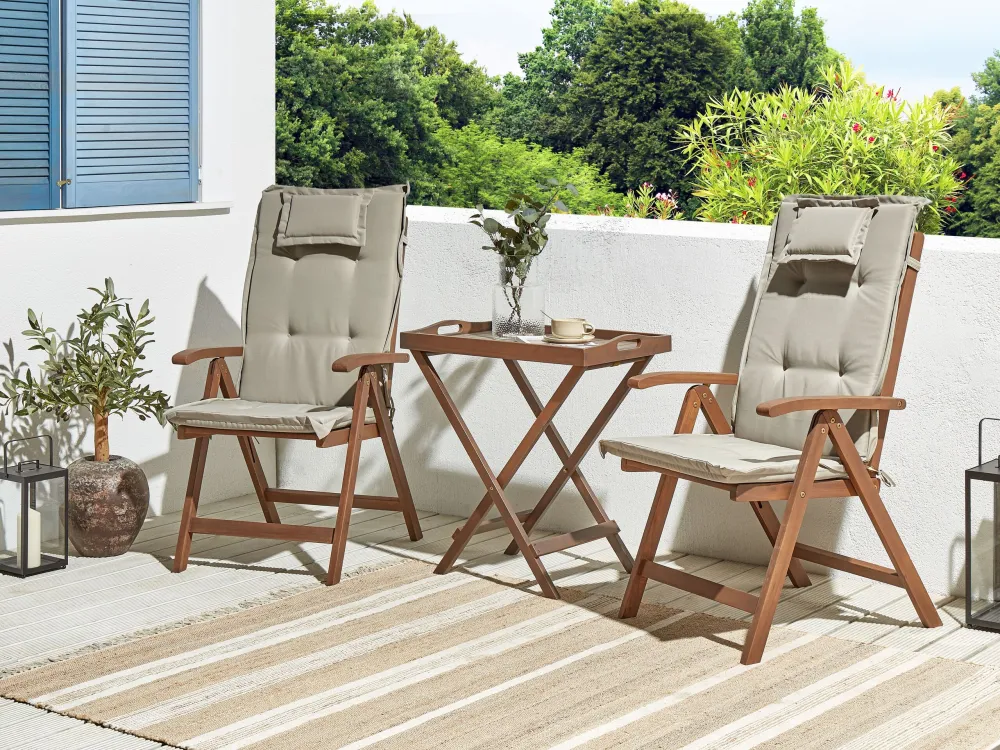 Set bistrot legno di acacia nero con cuscini grigio talpa AMANTEA con 2 Poltrone e Pouf