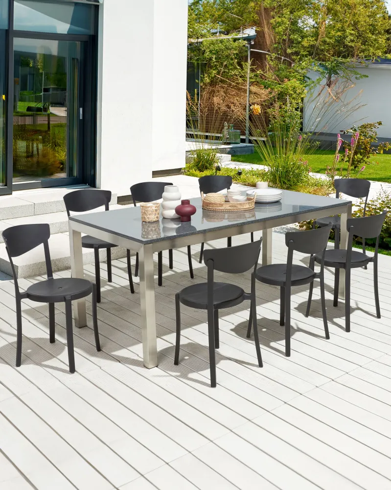 Set 8 Dining Chairs VIESTE Nero puro con 2 Poltrone e Pouf