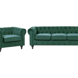 Set di divano e poltrona d'epoca tessuto verde CHESTERFIELD