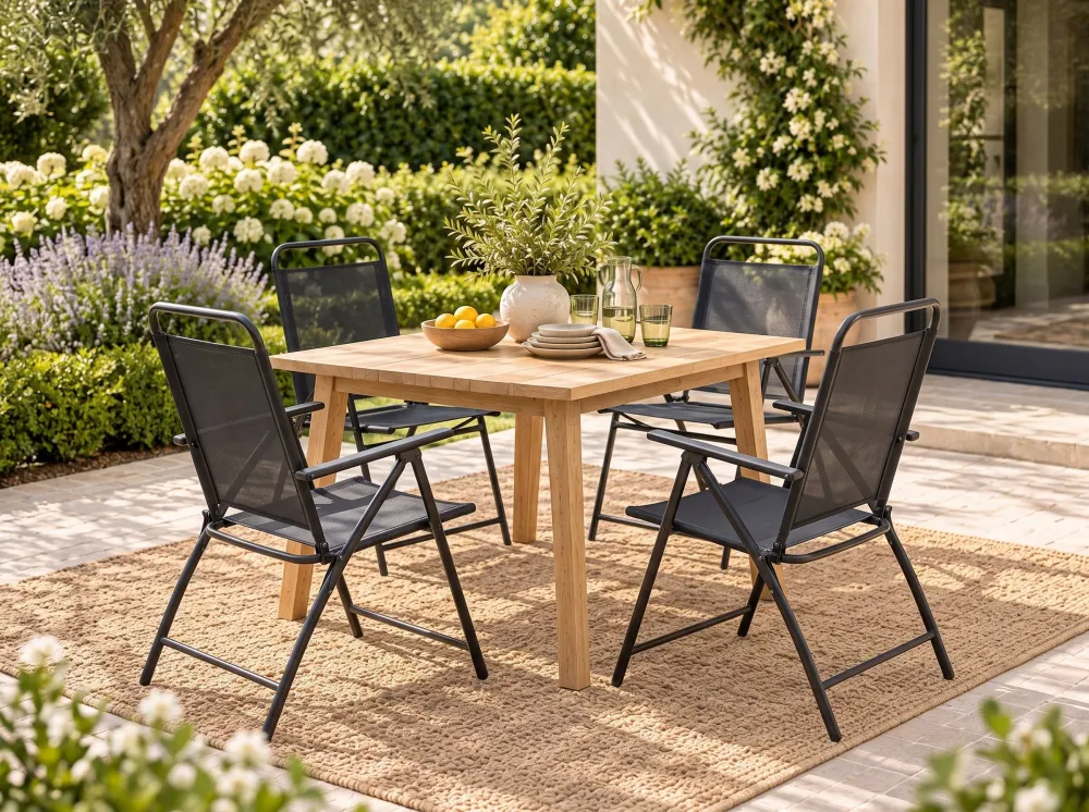 Set 4 Garden Chairs LIVO Metal Nero notte con 2 Poltrone e Pouf
