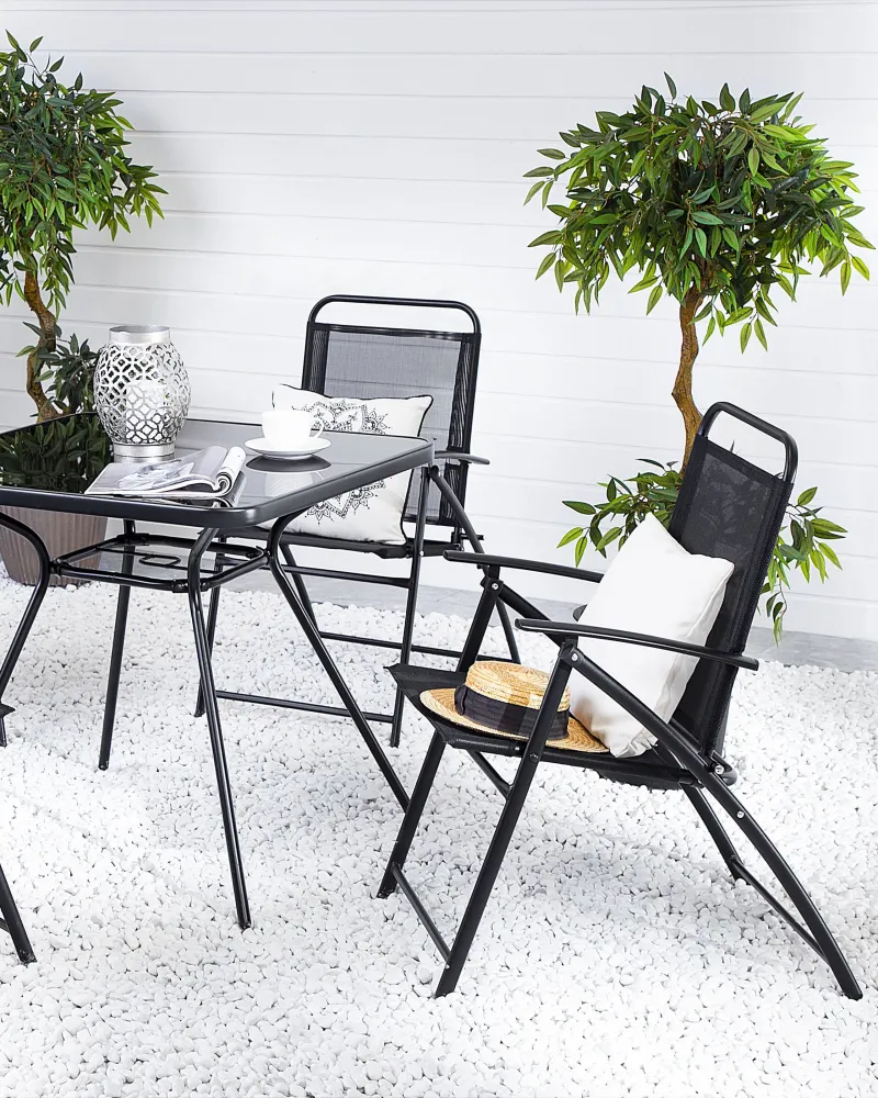 Set 4 Garden Chairs LIVO Metal Nero notte con 2 Poltrone e Pouf