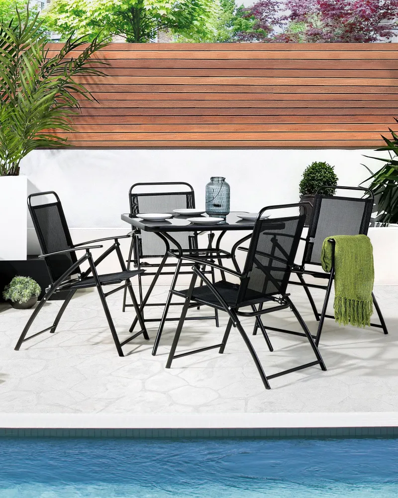 Set 4 Garden Chairs LIVO Metal Nero notte con 2 Poltrone e Pouf