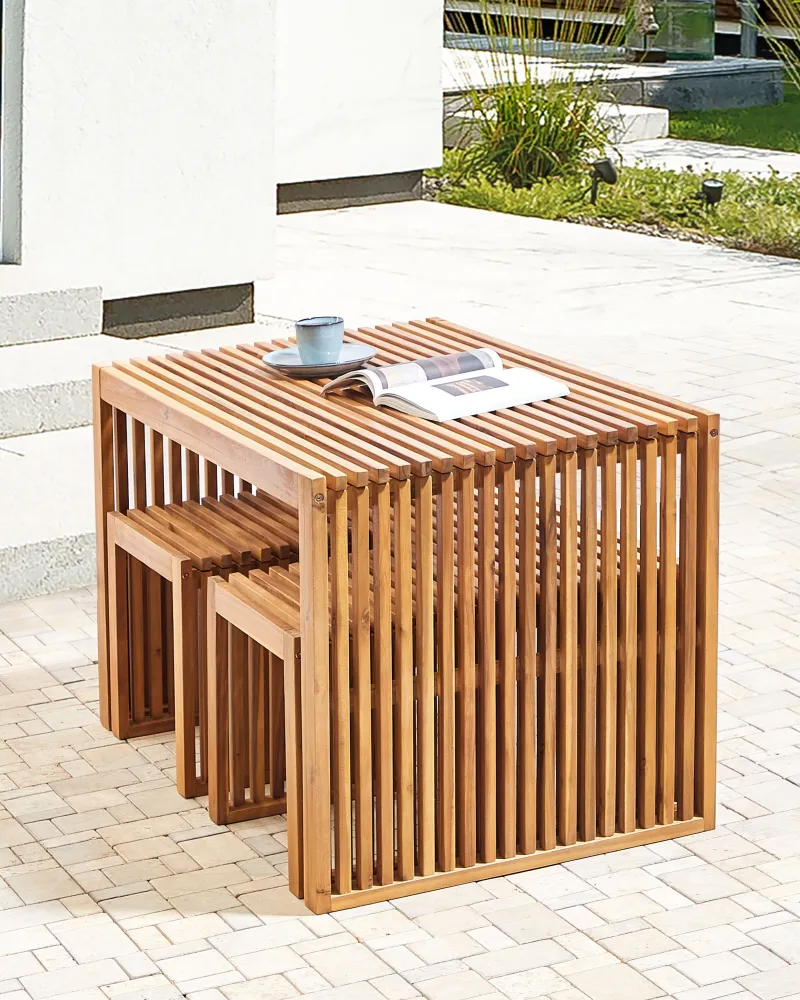 Set 3 Garden Stools BELLANO Acacia Wood Light Wood con 2 Poltrone e Pouf