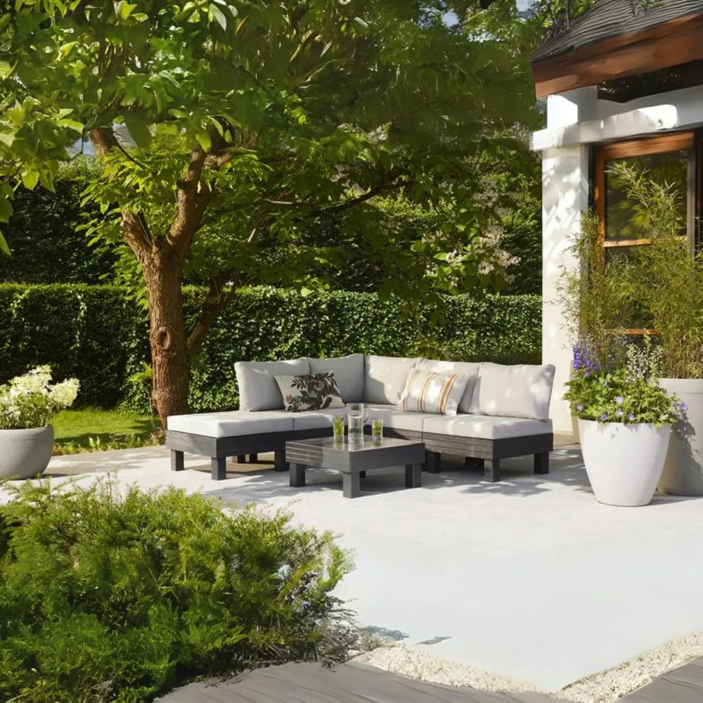 Set da giardino 5 posti "Elements" divano 2 poltrone e 1 tavolino modulare con 2 Poltrone e Pouf