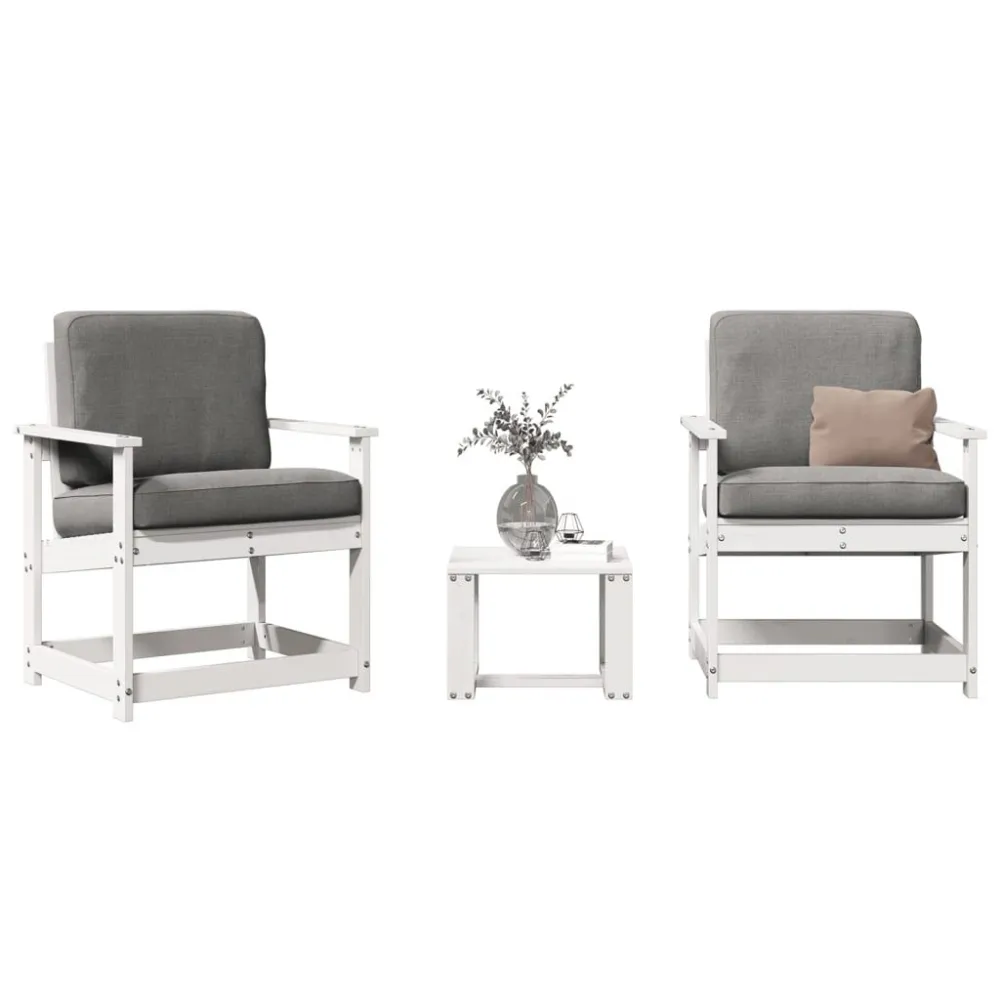 Set Salotto da Giardino 3 pz Bianco Legno Massello di Pino con 2 Poltrone e Pouf