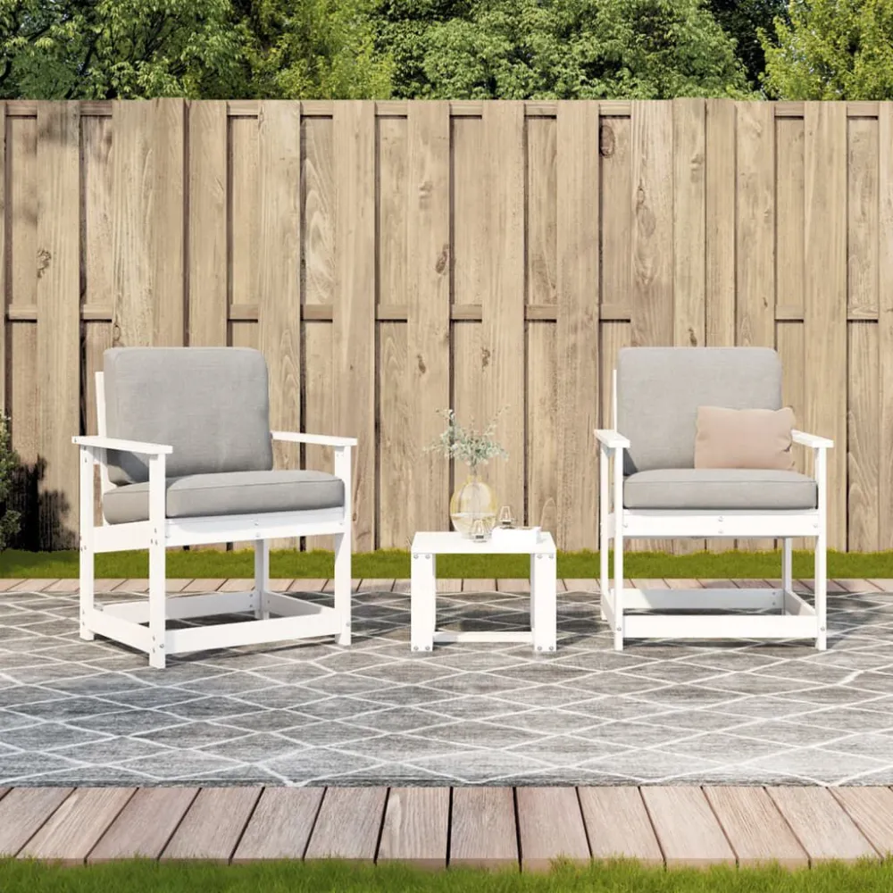 Set Salotto da Giardino 3 pz Bianco Legno Massello di Pino con 2 Poltrone e Pouf