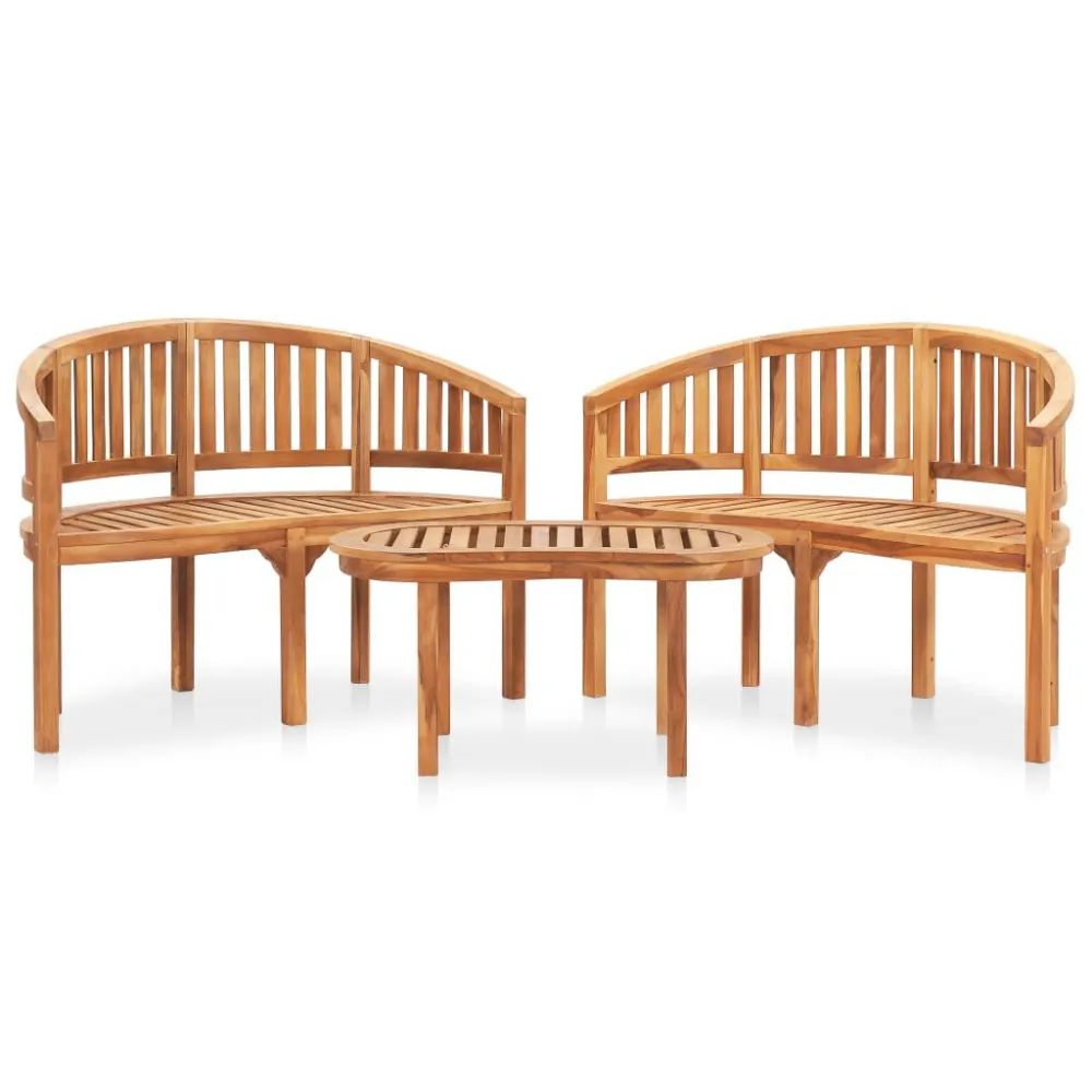 Set Salotto da Giardino 3 pz Design Curvo Massello di Teak con 2 Poltrone e Pouf