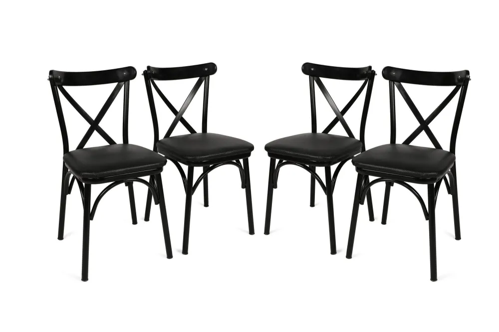 Set di 4 sedie da bistrot Antonio legno e metallo nero con 2 Poltrone e Pouf