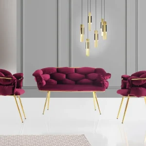 Set di divano 2 posti e 2 poltrone Krogh metallo oro e velluto bordeaux