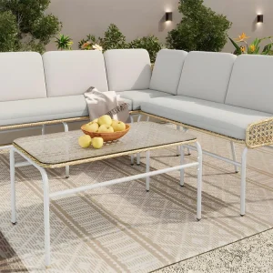 Divano ad angolo da giardino da 4 5 posti - metallo e rattan PE - tavolino con piano vetro temperato - Grigio chiaro Moder...