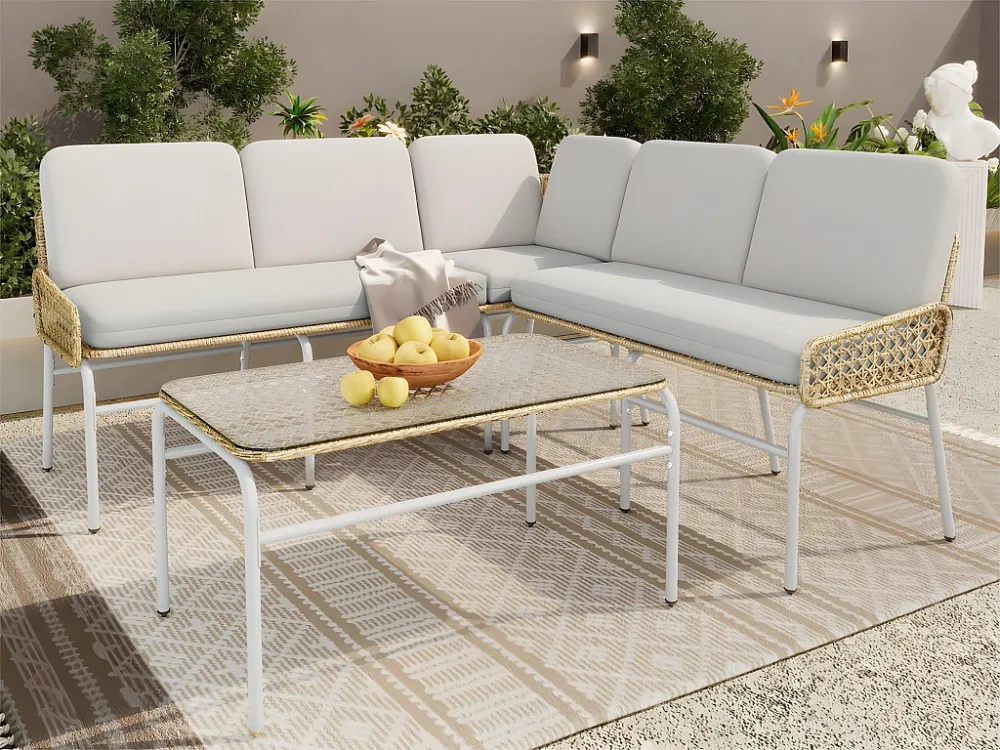 Divano ad angolo da giardino da 4 5 posti - metallo e rattan PE - tavolino con piano vetro temperato - Grigio chiaro Moder...