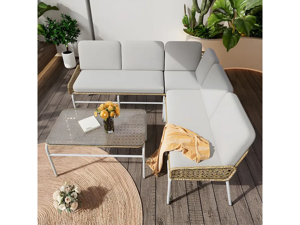 Divano ad angolo da giardino da 4 5 posti - metallo e rattan PE - tavolino con piano vetro temperato - Grigio chiaro Moder...