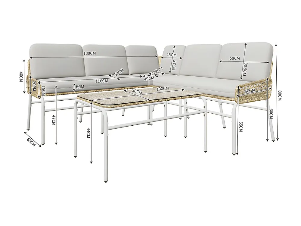 Divano ad angolo da giardino da 4 5 posti - metallo e rattan PE - tavolino con piano vetro temperato - Grigio chiaro Moder...