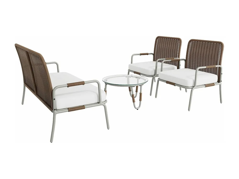 Mobili da giardino polyrattan - 4 posti - 1 divano, 2 poltrone e 1 tavolino - Marrone ModernLuxe
