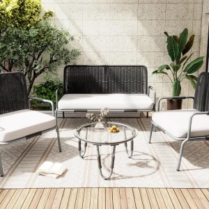 Mobili da giardino polyrattan - 4 posti - 1 divano, 2 poltrone e 1 tavolino - Grigio ModernLuxe