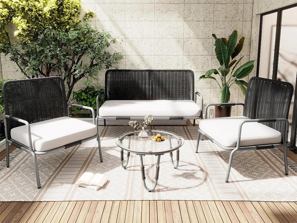 Mobili da giardino polyrattan - 4 posti - 1 divano, 2 poltrone e 1 tavolino - Grigio ModernLuxe