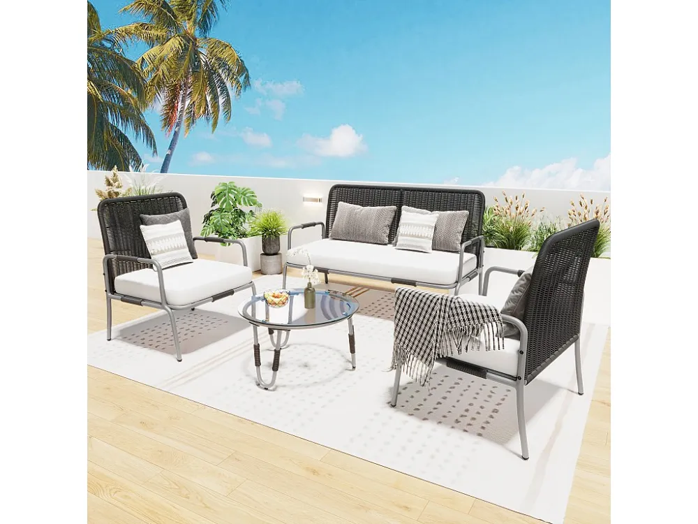 Mobili da giardino polyrattan - 4 posti - 1 divano, 2 poltrone e 1 tavolino - Grigio ModernLuxe