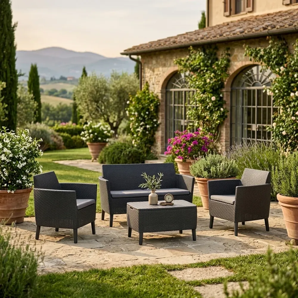 Set lounge Keter Salemo 4 pezzi rattan graphite divano 2 poltrone tavolino