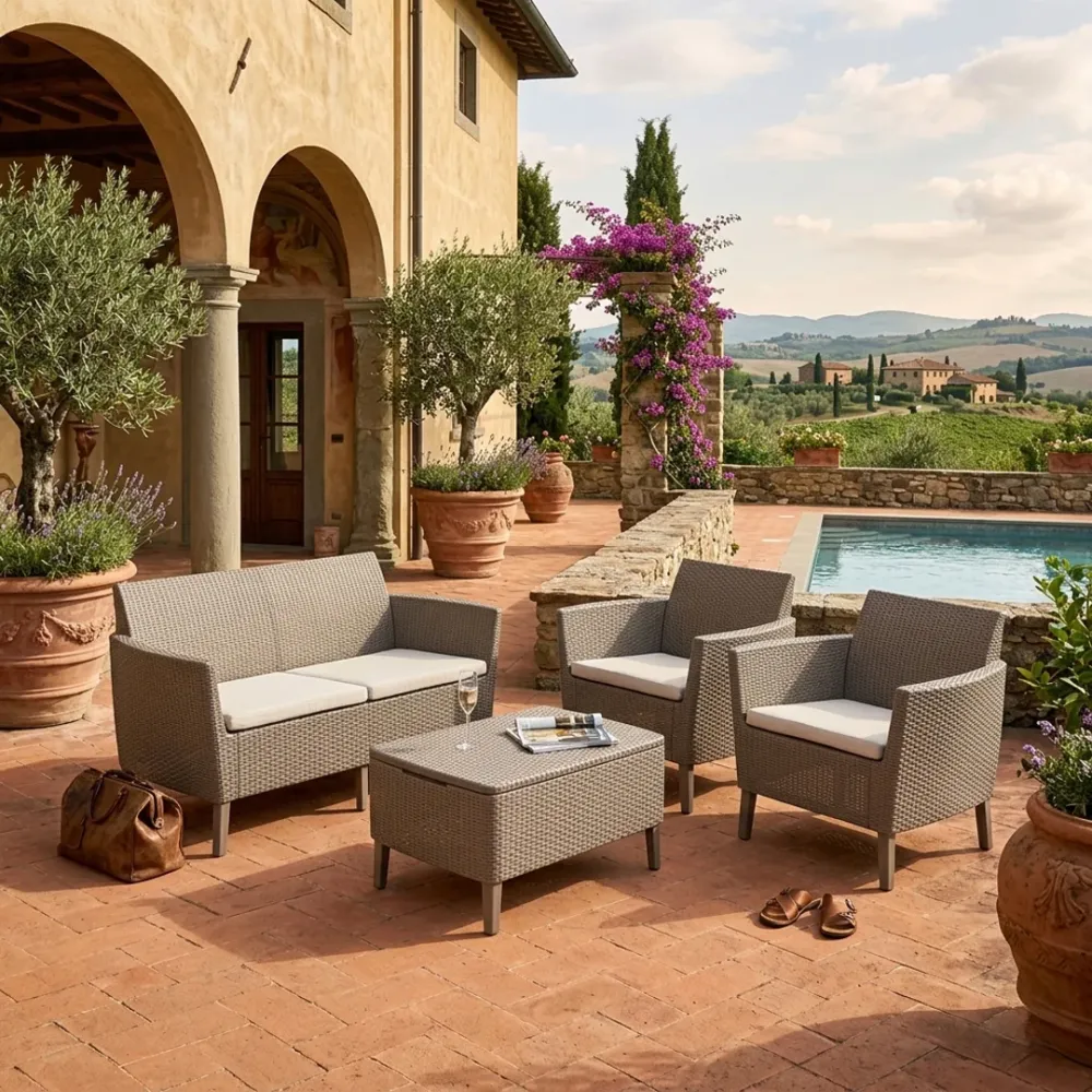 Set lounge Keter Salemo 4 pezzi rattan cappuccino divano 2 poltrone tavolino