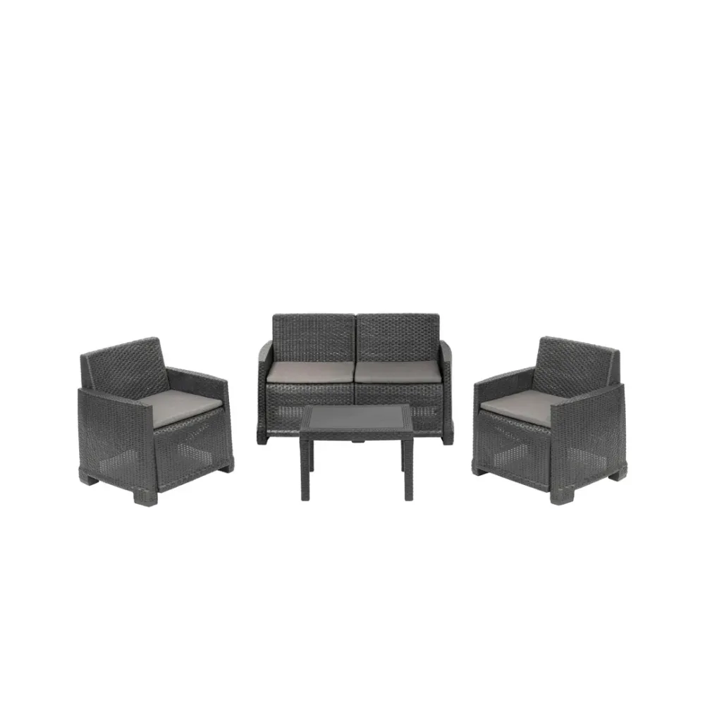 Set lounge Progarden Iseo 4 pezzi rattan antracite divano 2 poltrone tavolino