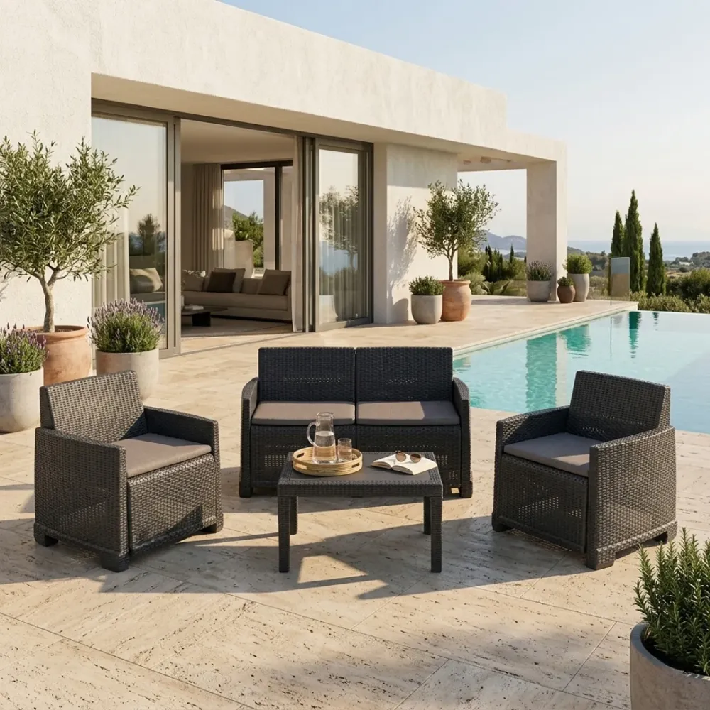 Set lounge Progarden Iseo 4 pezzi rattan antracite divano 2 poltrone tavolino