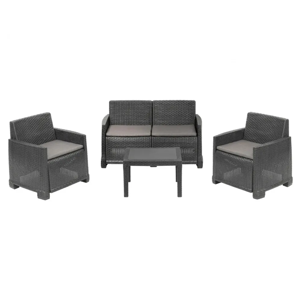 Set lounge Progarden Iseo 4 pezzi rattan antracite divano 2 poltrone tavolino