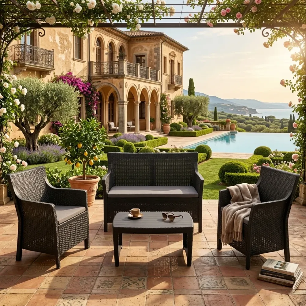 Set lounge Progarden Olivo 4 pz rattan antracite schienale alto divano tavolino