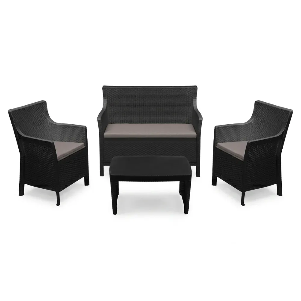 Set lounge Progarden Olivo 4 pz rattan antracite schienale alto divano tavolino
