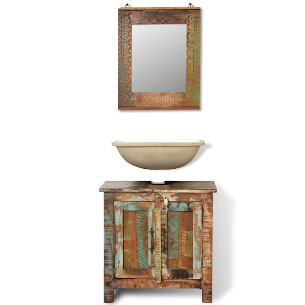 Armadietto Legno di recupero solido per Bagno con Specchio