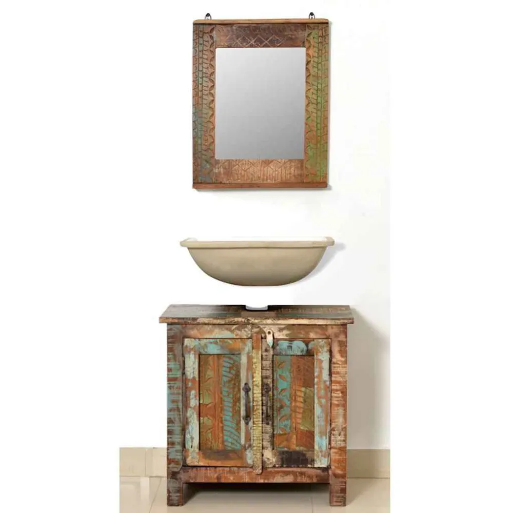 Armadietto Legno di recupero solido per Bagno con Specchio