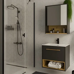 Mobile per bagno sospeso con Lavabo da incasso + Armadietto bagno 60 cm Antracite YANGRA