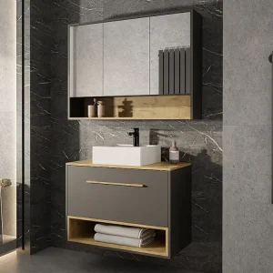Mobile sospeso con lavabo da appoggio e armadietto da parete, Antracite, L80 cm, YANGRA