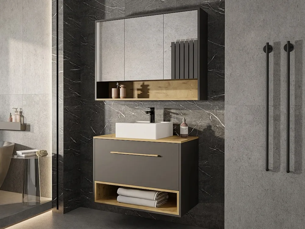 Mobile sospeso con lavabo da appoggio e armadietto da parete, Antracite, L80 cm, YANGRA