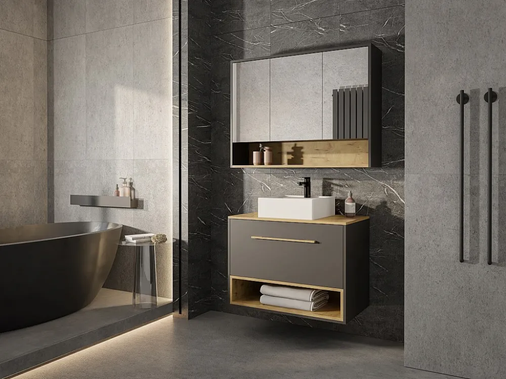 Mobile sospeso con lavabo da appoggio e armadietto da parete, Antracite, L80 cm, YANGRA