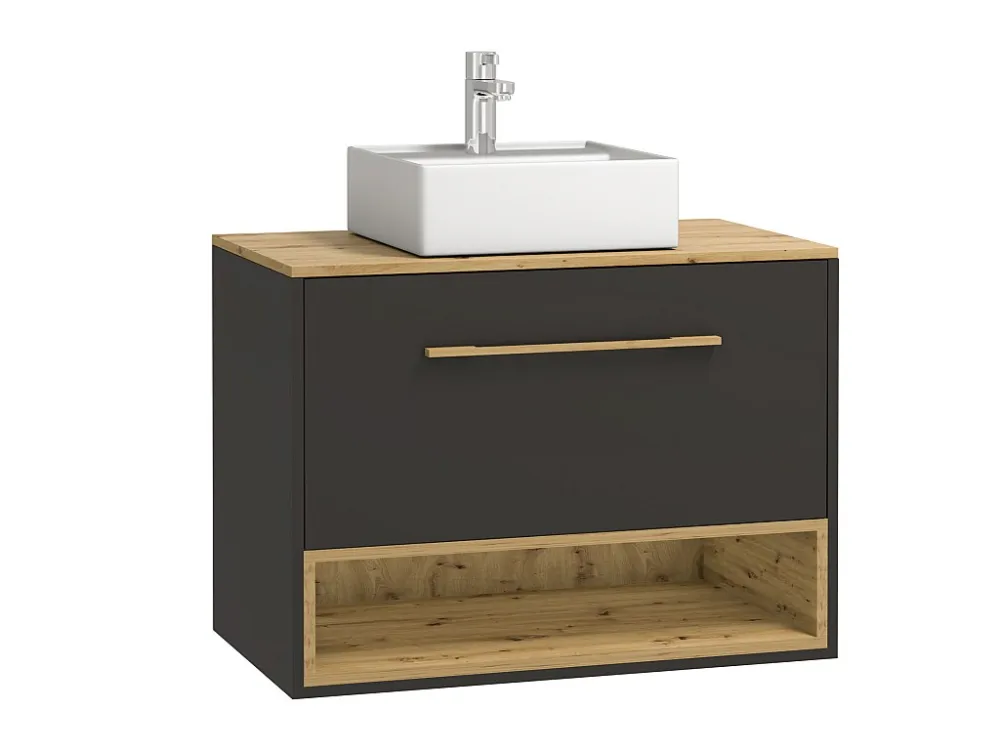 Mobile sospeso con lavabo da appoggio e armadietto da parete, Antracite, L80 cm, YANGRA