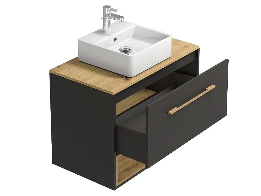Mobile sospeso con lavabo da appoggio e armadietto da parete, Antracite, L80 cm, YANGRA