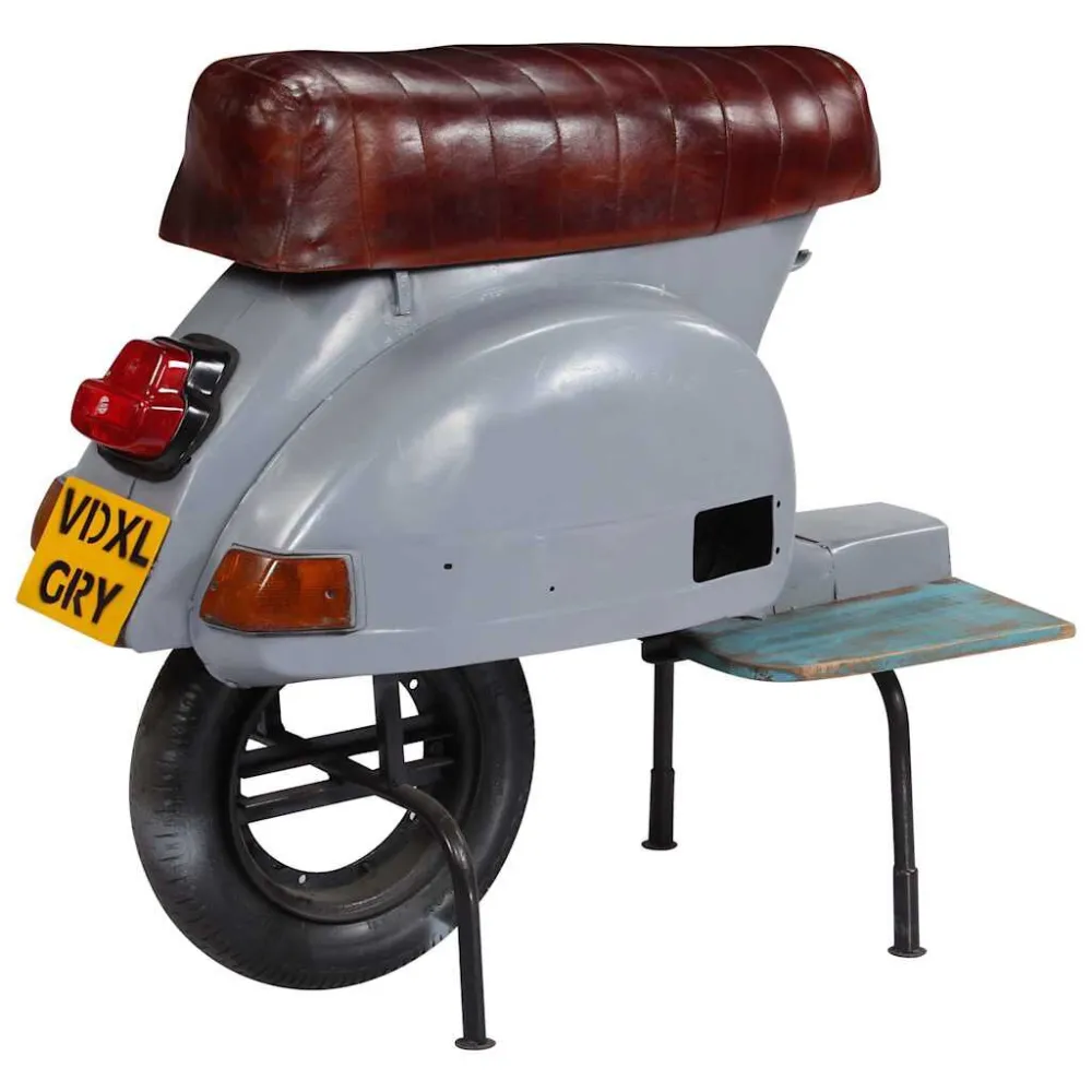 Sedia da Bar Scooter Grigia Pelle Vera e Legno di Recupero