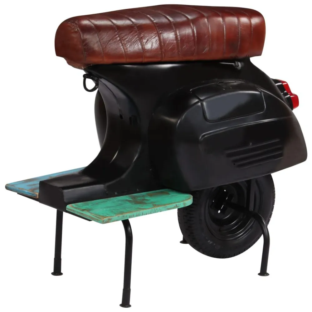 Sedia da Bar Scooter Nera Pelle Vera e Massello di Recupero