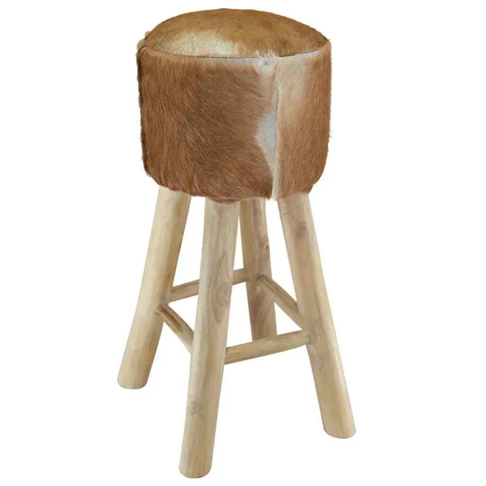 Sgabello da Bar Vera Pelle e Legno Massello di Teak